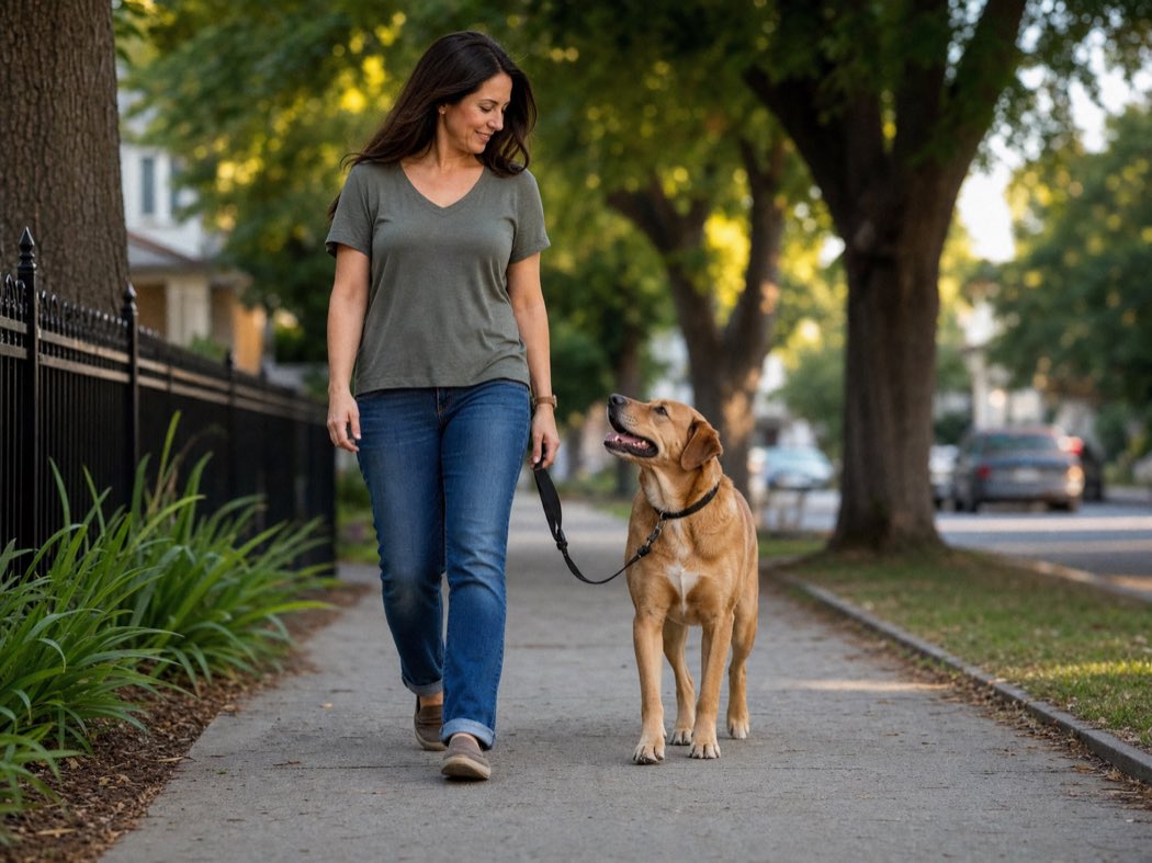 An adult dog walking calmly on a loose leash beside its owner