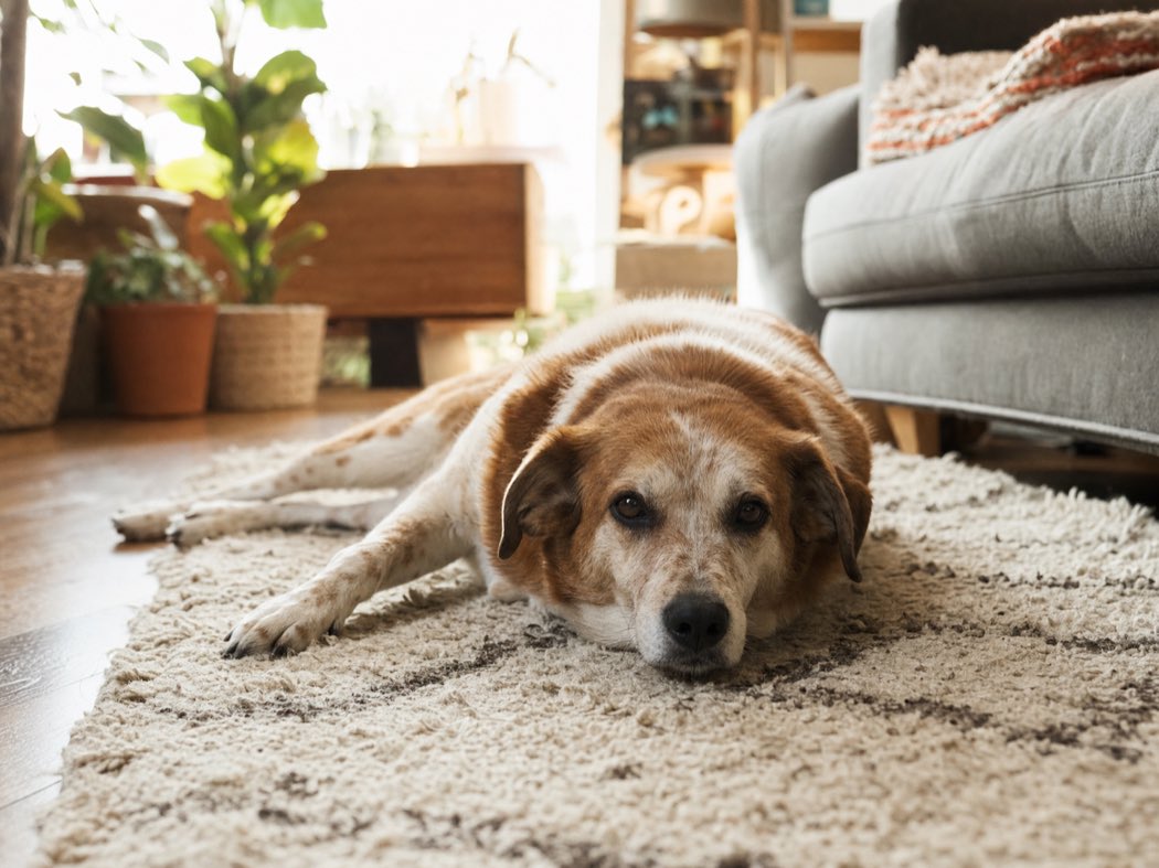 A calm dog resting peacefully at home